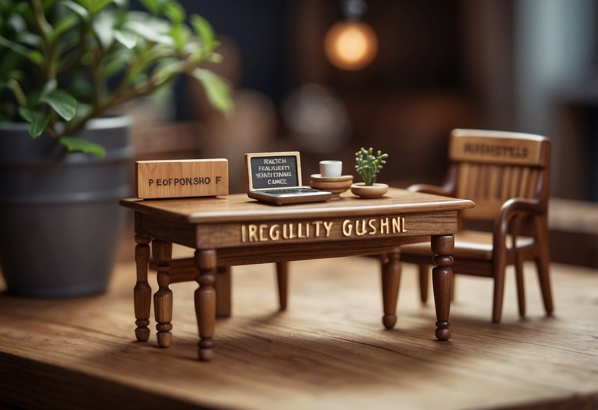Miniature wooden furniture arranged neatly on a small table with a sign reading "Frequently Asked Questions" displayed prominently