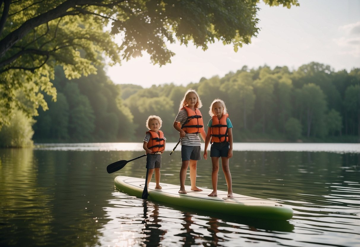 Children paddleboarding with parent, wearing life jackets, on calm lake with lush green trees in background. Parent gives tips and guidance to kids