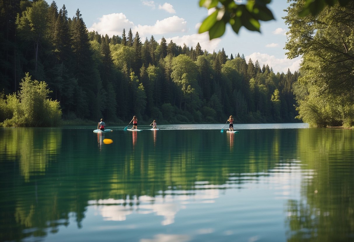 A serene lake with a family paddleboarding, children following safety tips. Sunny, peaceful atmosphere with clear blue waters and lush green surroundings