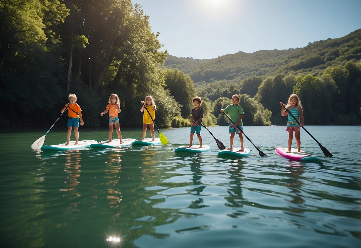 Kids paddleboarding in calm water, playing games like "follow the leader" and "tag" while adults supervise from the shore. Bright, sunny day with clear blue skies and lush green surroundings