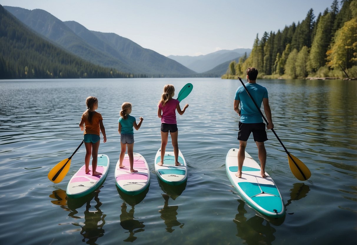 A calm lake with a family paddleboarding. Kids stay within marked boundaries, while parents supervise from nearby. Clear blue skies and gentle waves create a peaceful atmosphere