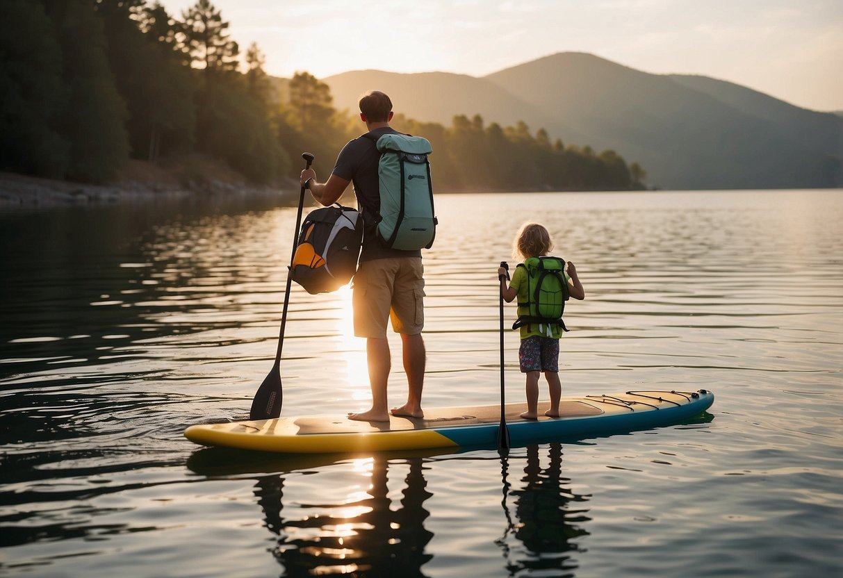 A parent and child stand by a calm lake, selecting the appropriate paddleboarding gear. The child holds a life jacket while the parent inspects the paddleboards and paddles. The sun shines overhead, creating a peaceful and serene atmosphere