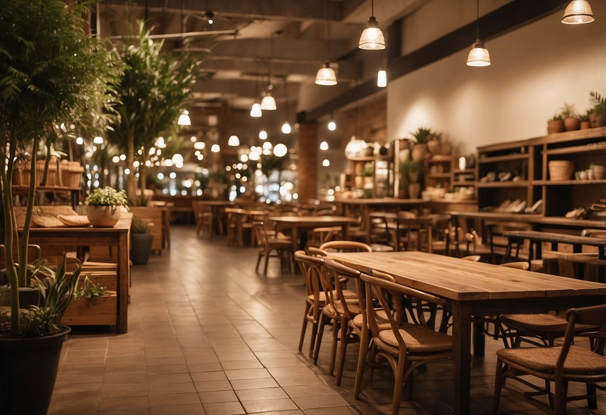 A cozy country furniture mall with rustic wooden tables, chairs, and shelves. Warm lighting and earthy tones create a welcoming atmosphere