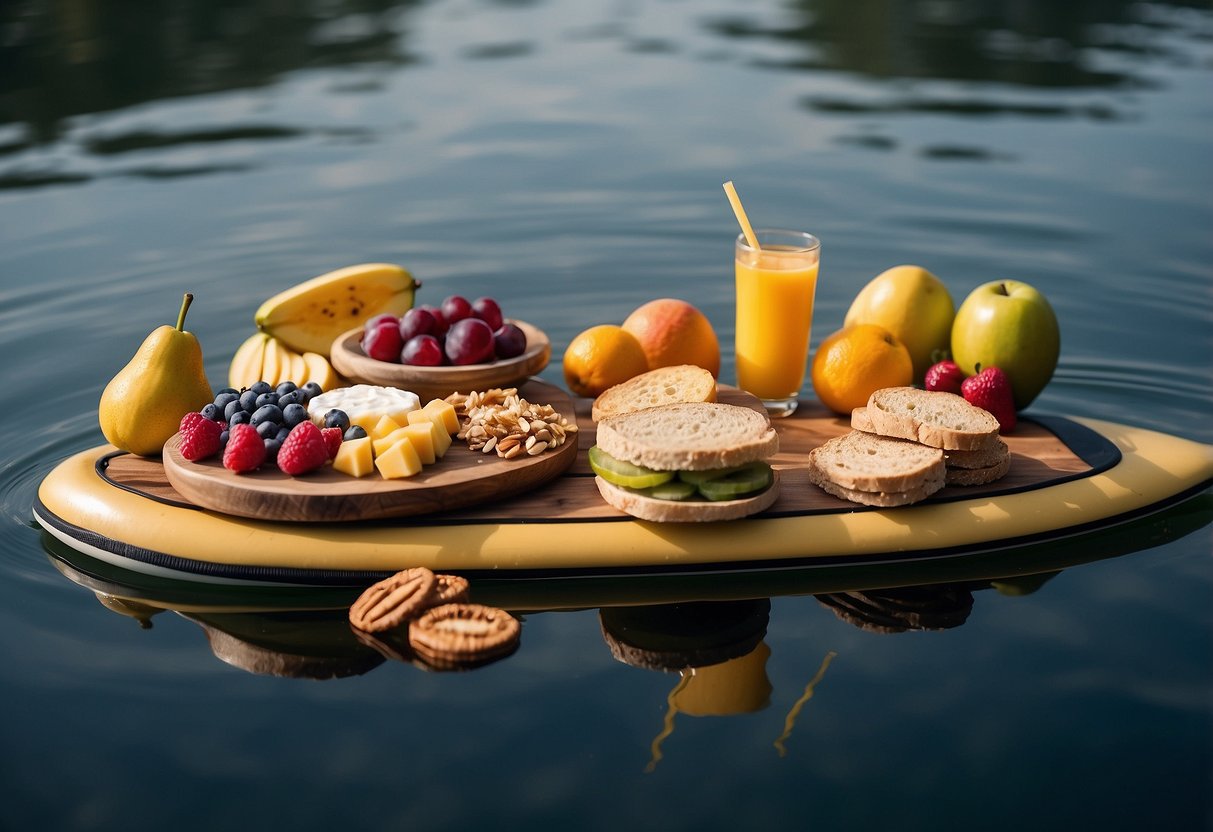 A paddleboard floats on calm water, with a picnic spread of fresh fruits, sandwiches, granola bars, and water bottles nearby