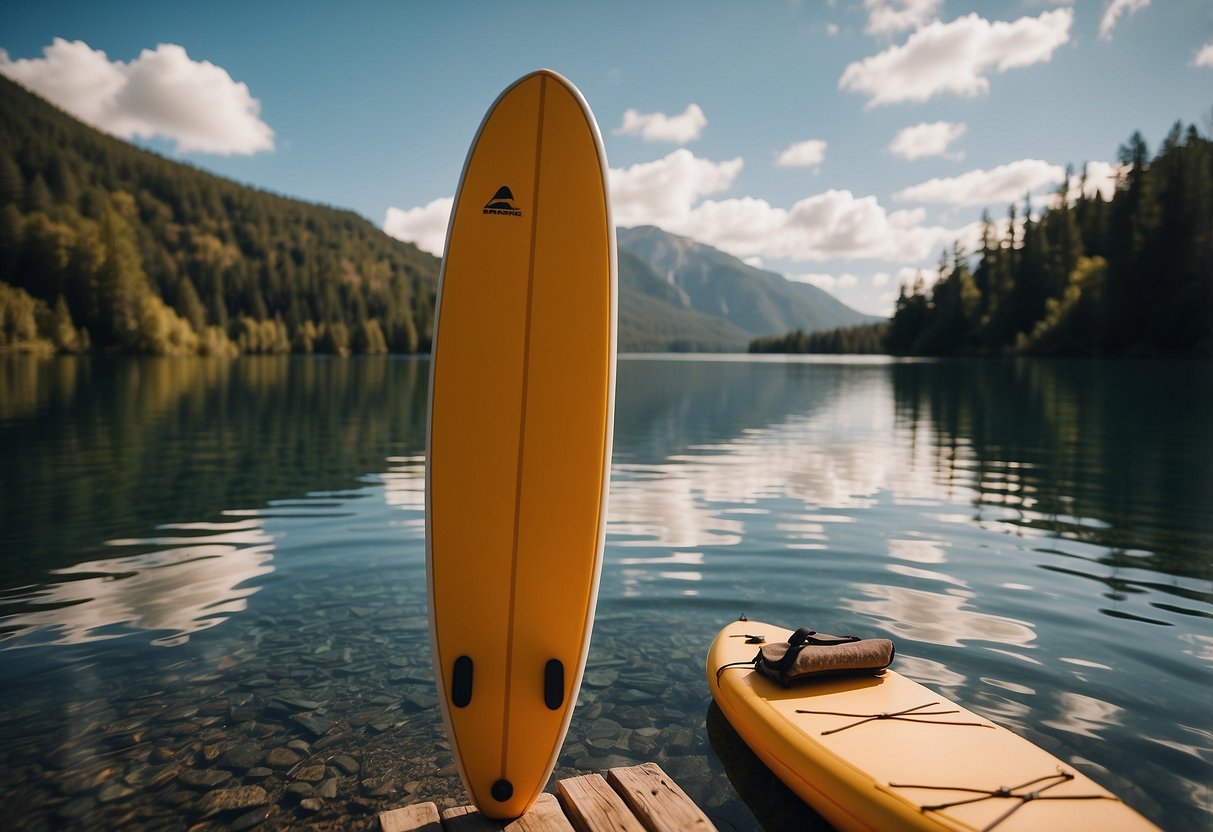 A paddleboard sits on calm waters, surrounded by the serene beauty of nature. On the board, there are a variety of Kind Bars, showcasing the 5 best lightweight food options for paddleboarding trips