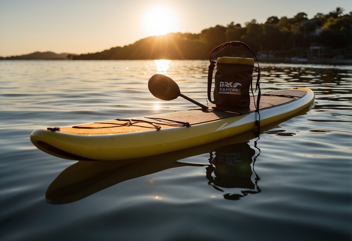 A paddleboard floats on calm water, with a small bag of RXBARs, a water bottle, and a compact, lightweight cooler nearby. The sun shines overhead, casting a warm glow on the scene