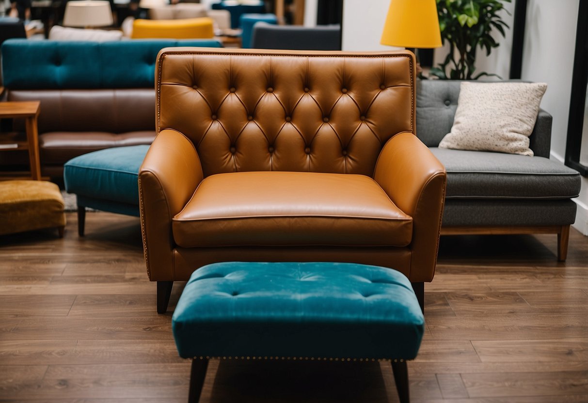 Various furniture items displayed on a website, including chairs, tables, and sofas. Each piece is shown from different angles with detailed descriptions and prices