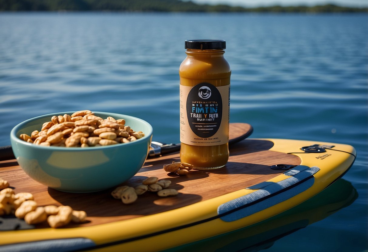 A paddleboard sits on a calm, blue lake. Beside it, a small package of Trail Butter Nut Butter Blend and other lightweight food options are neatly arranged, ready for a day of adventure