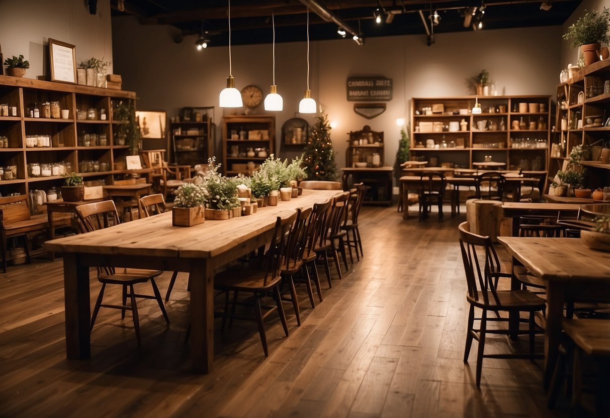 A cozy country furniture store with rustic wooden tables, chairs, and shelves. Warm lighting and a welcoming atmosphere invite customers to explore
