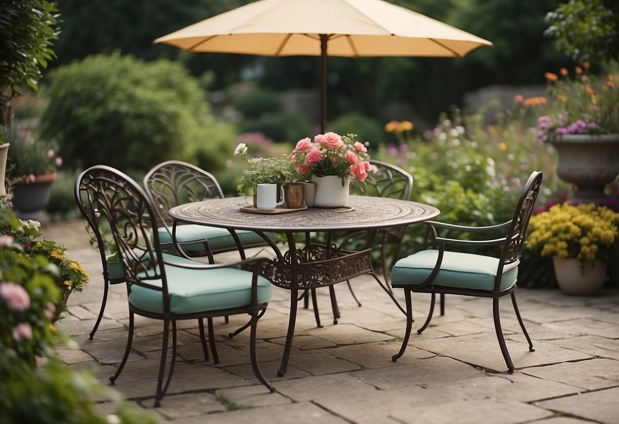 A metal garden furniture set arranged on a stone patio with a table, chairs, and a parasol, surrounded by lush green plants and blooming flowers