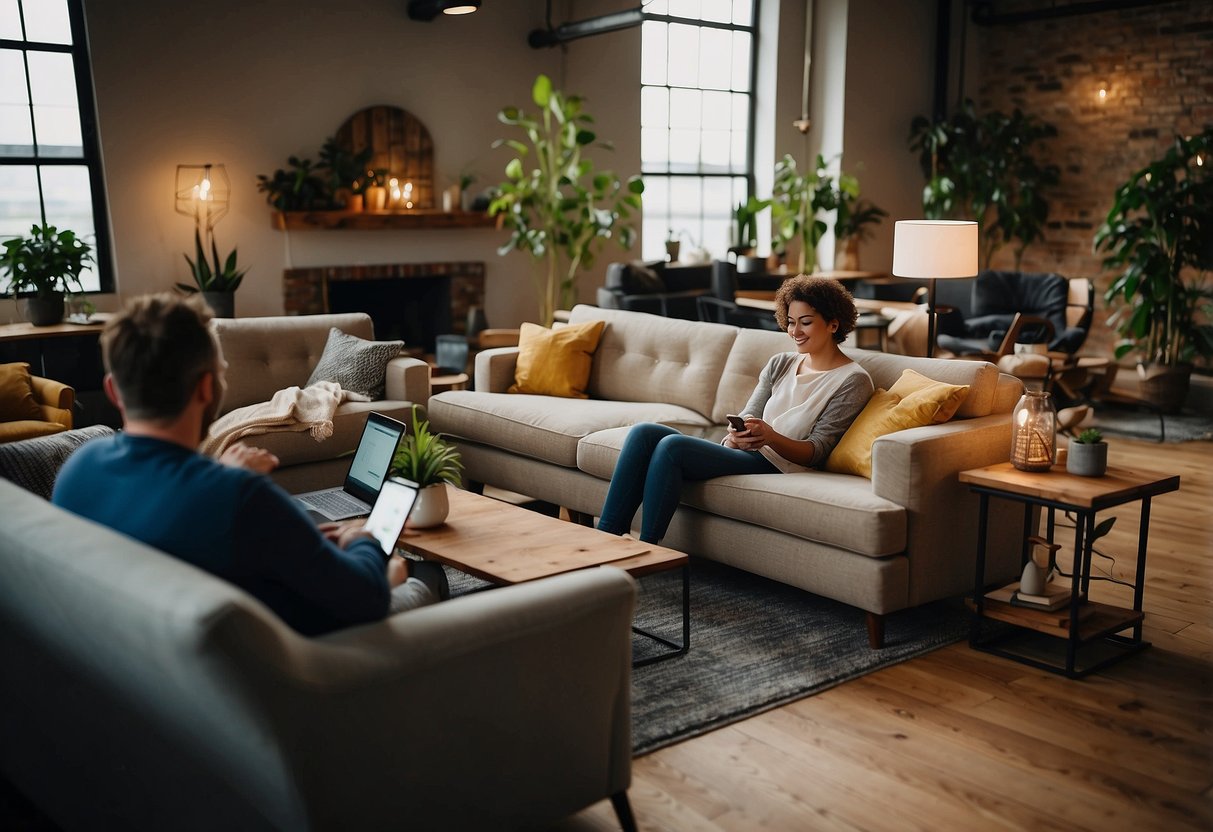 Customers browse various online platforms for used furniture, scrolling through listings and images of sofas, tables, and chairs. Reviews and ratings help guide their decisions