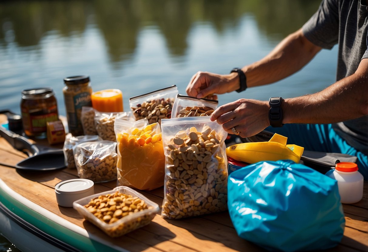 A paddleboarder packs lightweight, non-perishable food items into a dry bag. They include trail mix, energy bars, dried fruits, and jerky for their paddleboarding trip