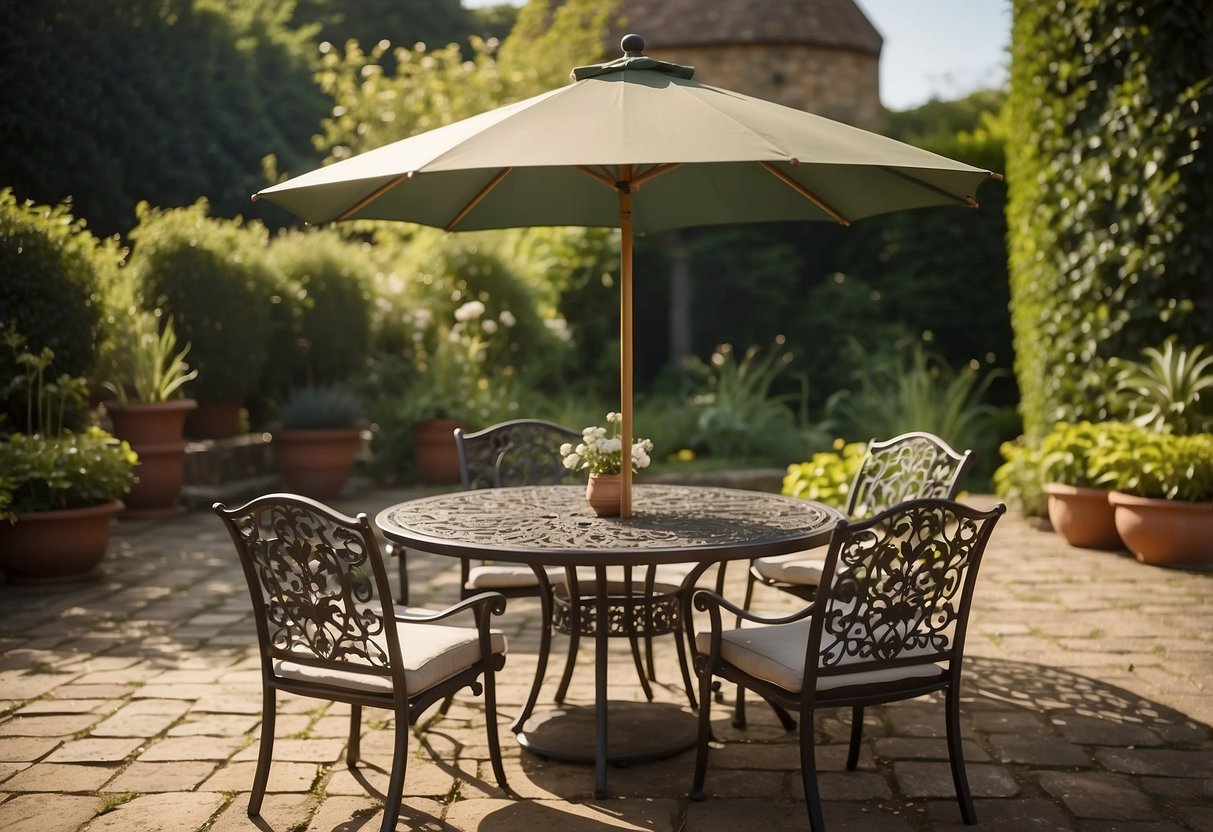 A metal garden furniture set sits in a lush garden, with a table, chairs, and an umbrella. The sun shines down, casting shadows on the intricate designs of the furniture
