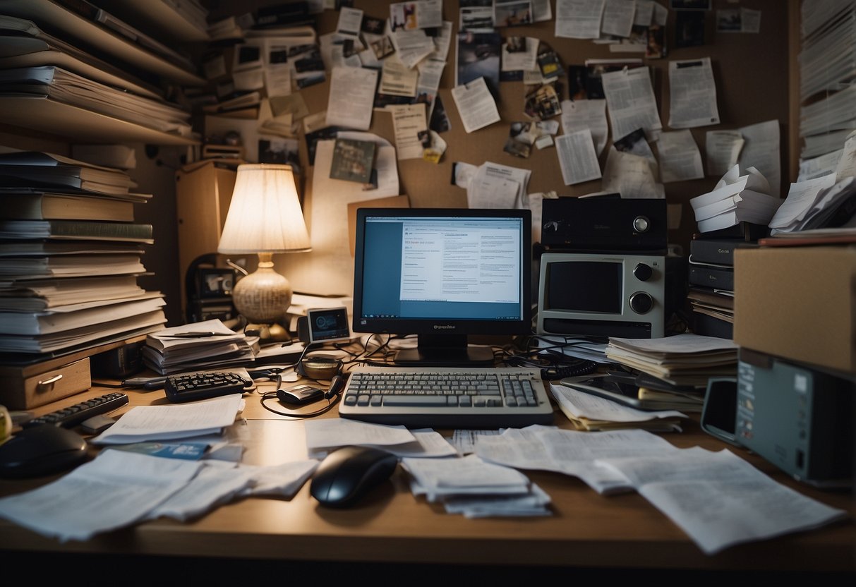 A cluttered room with a computer open to the "Frequently Asked Questions" section of craigslist sg furniture. Papers and pens scattered around