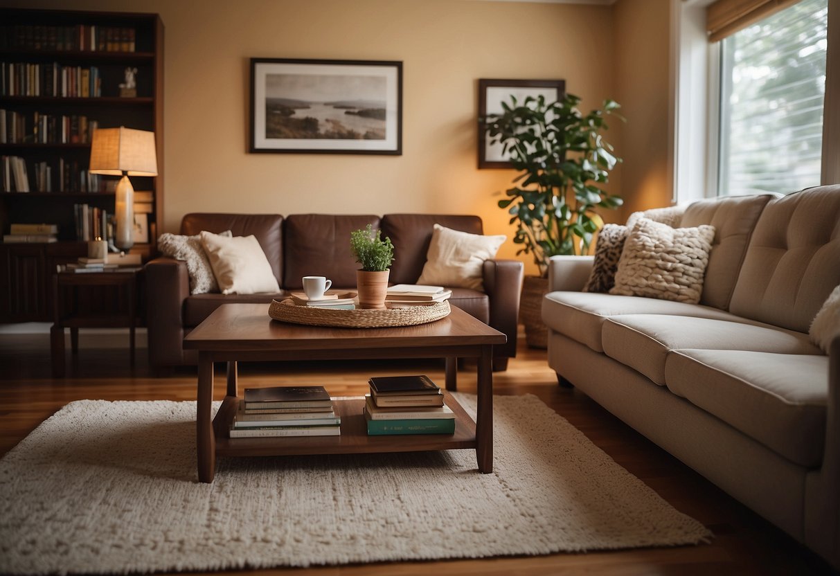 A cozy living room with a large, comfortable sofa, a coffee table, and a bookshelf filled with books and decorative items. A soft rug covers the floor, and a warm glow emanates from a nearby lamp