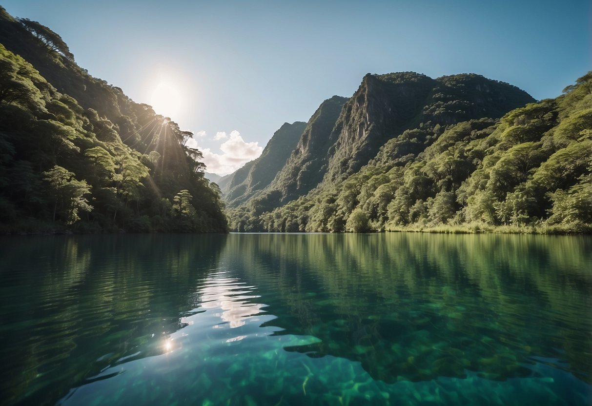 Crystal clear waters reflect the lush greenery along the serene river. Paddleboarders navigate through the tranquil route, surrounded by the stunning South American landscape