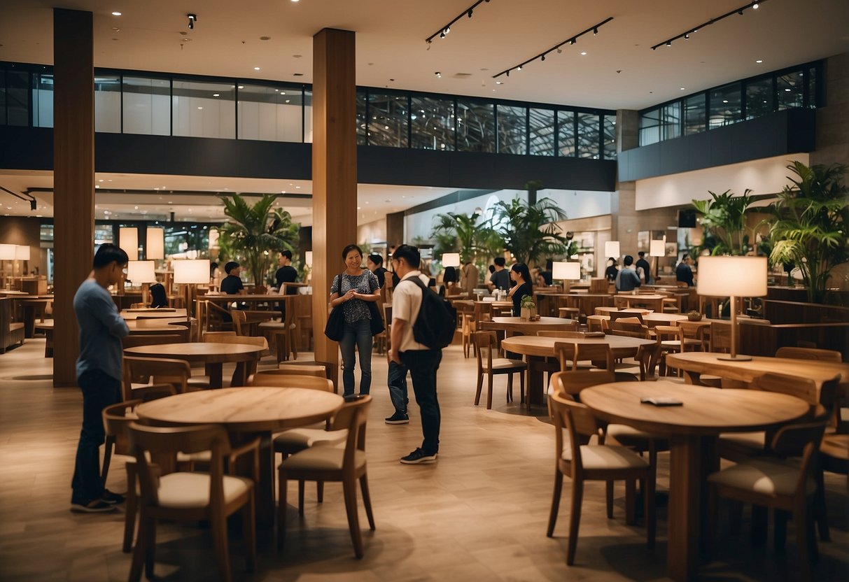 Customers browsing through rustic wooden furniture in a spacious Singapore furniture mall