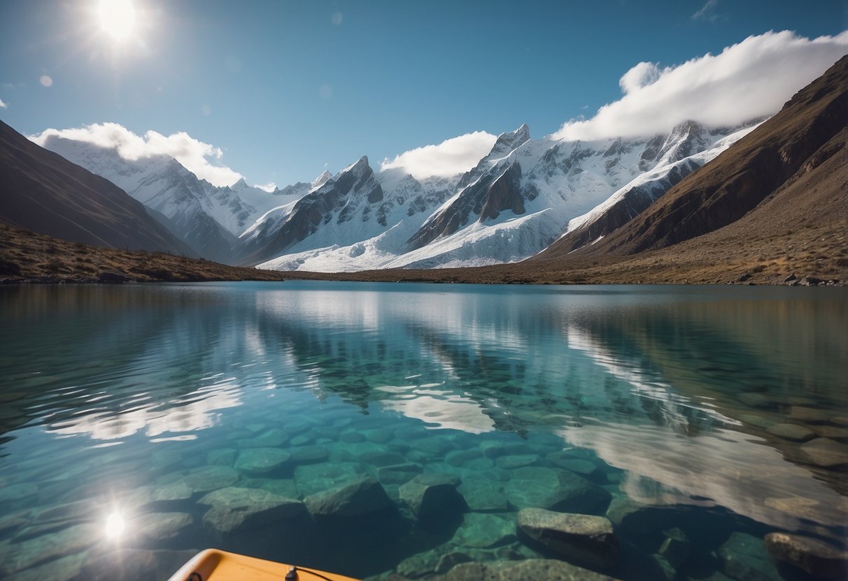 Crystal clear water reflects the surrounding snow-capped mountains. A paddleboard glides across the serene Laguna de los Tres in Argentina