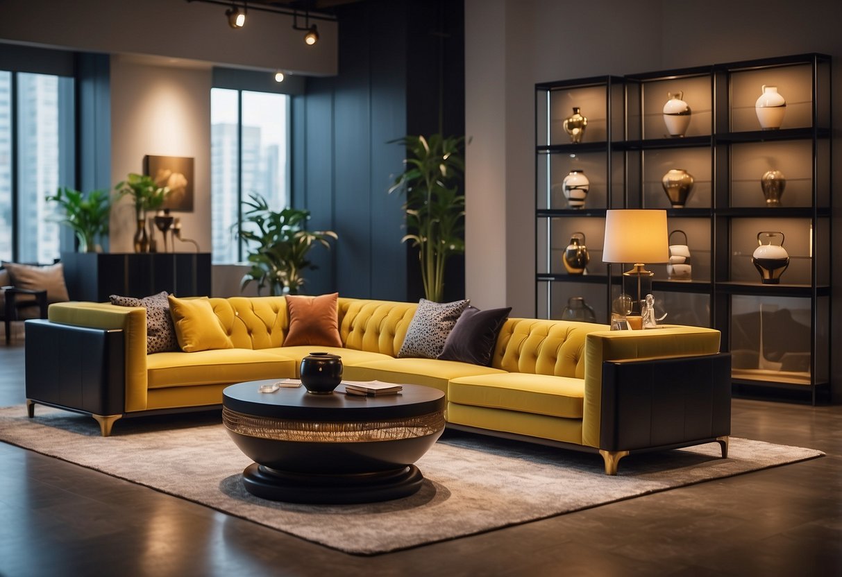A showroom filled with modern and classic furniture pieces arranged in stylish room settings, with soft lighting and vibrant colors