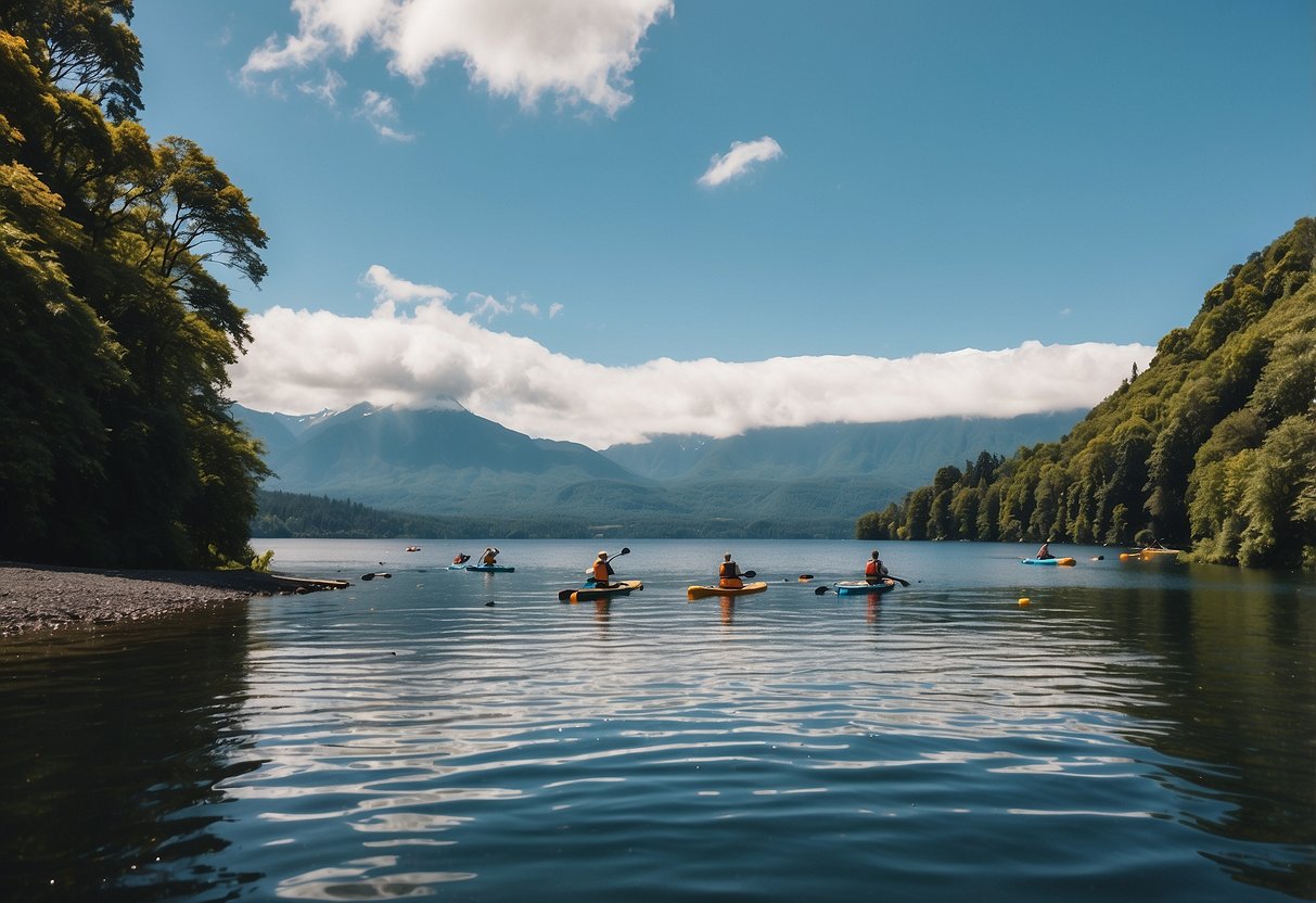 Lago Llanquihue, Chile: A serene lake with snow-capped mountains in the background, surrounded by lush greenery and dotted with paddleboarders gliding across the water