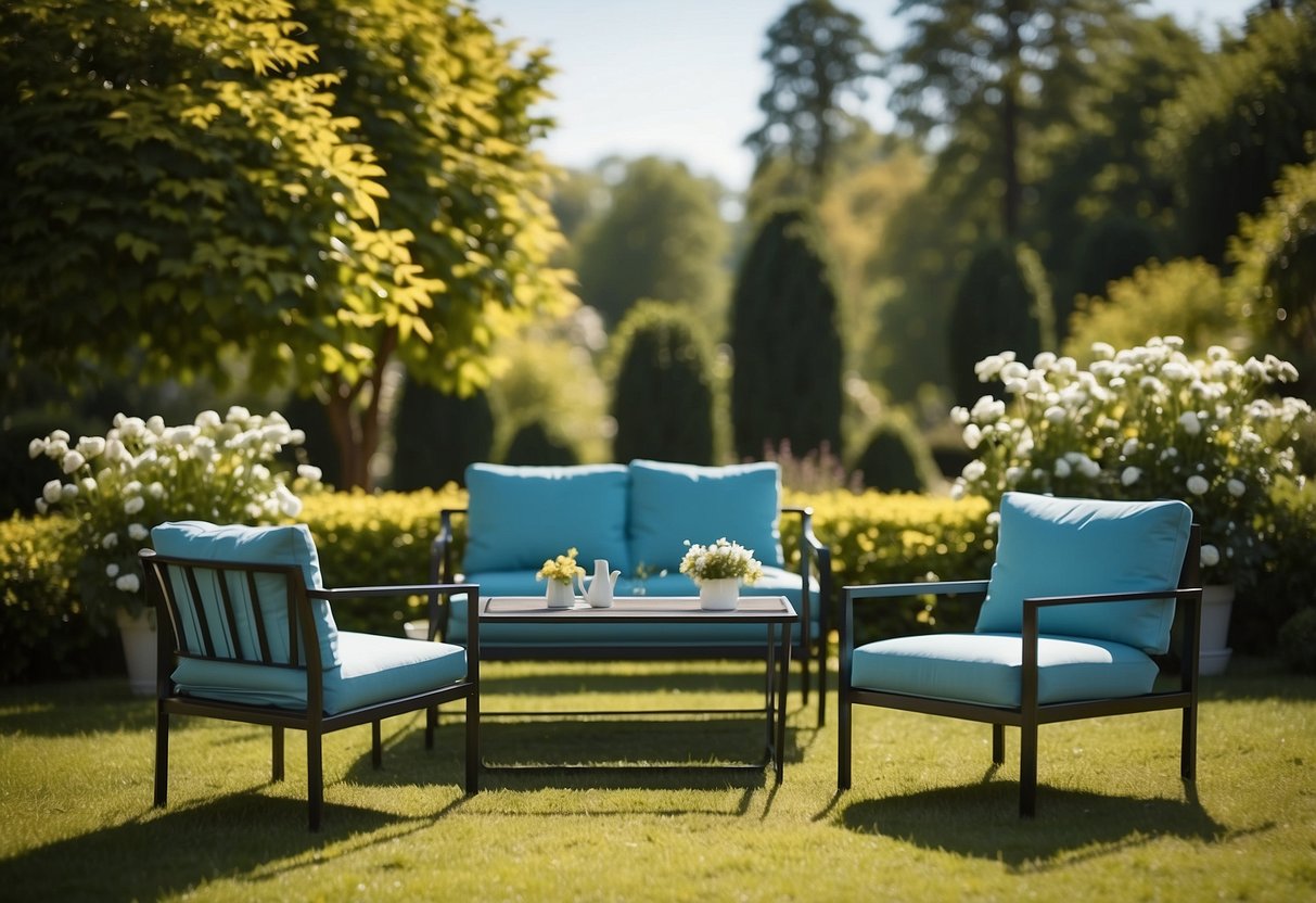 A metal garden furniture set placed on a lush green lawn, surrounded by blooming flowers and tall trees, with a clear blue sky overhead