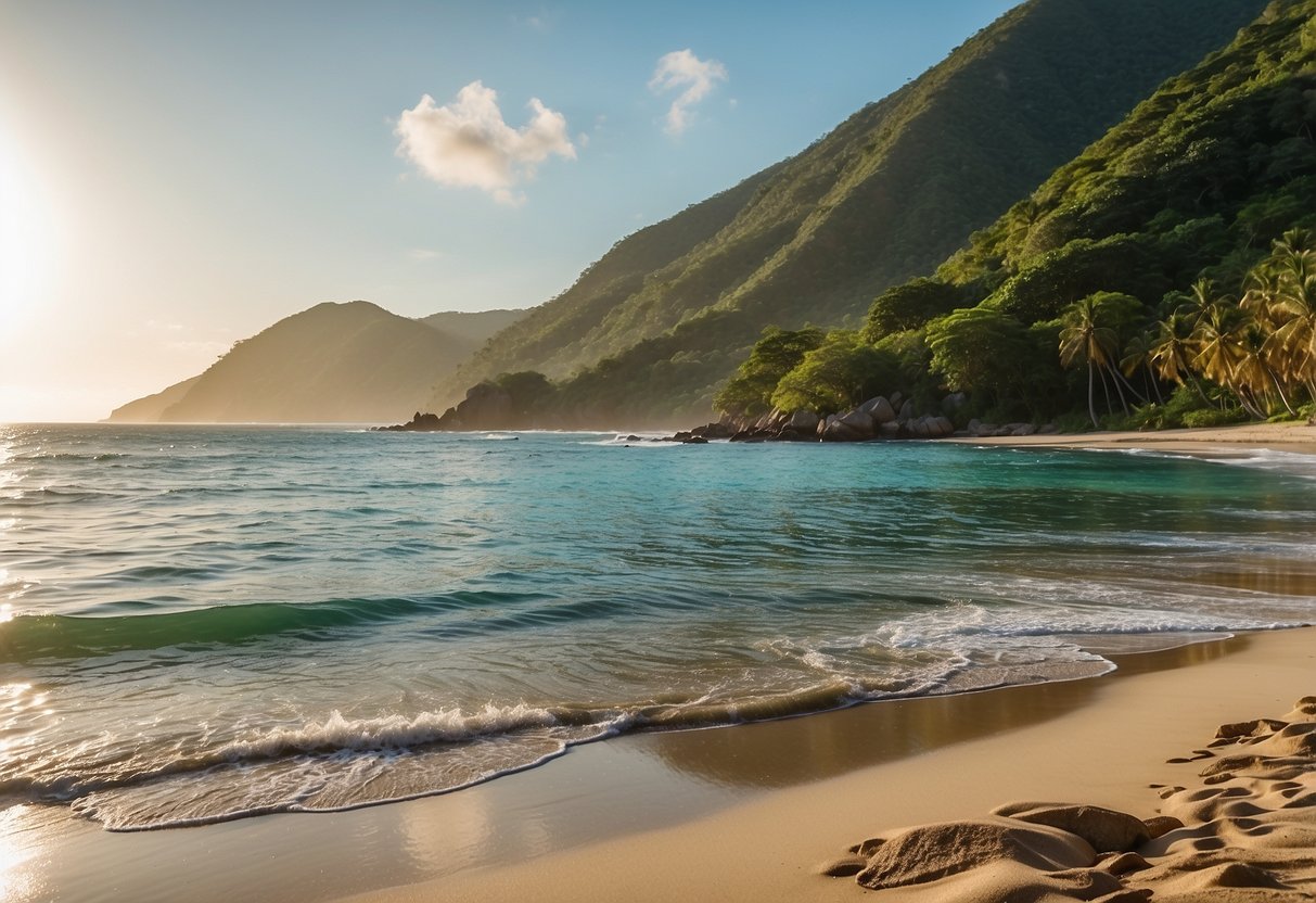 Crystal-clear waters lap against the golden sandy beaches of Tayrona National Park, with lush green mountains rising in the background. A paddleboard glides peacefully along the coast, surrounded by the natural beauty of South America