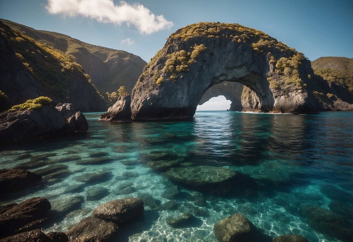 Crystal clear waters surround rocky, volcanic islands. A paddleboard glides along the coast, passing diverse wildlife and stunning landscapes