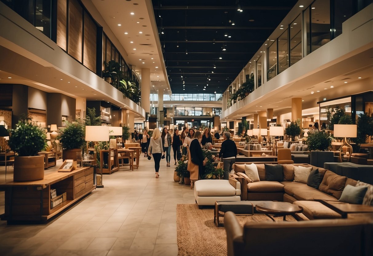 A bustling country furniture mall with shoppers browsing and staff assisting. Displayed pieces range from rustic to elegant, creating a diverse and inviting atmosphere