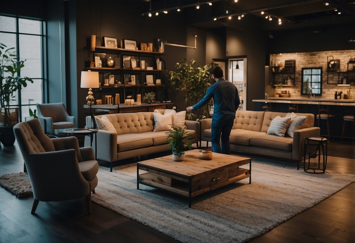 Customers browsing through various furniture listings online, clicking on FAQ section for answers