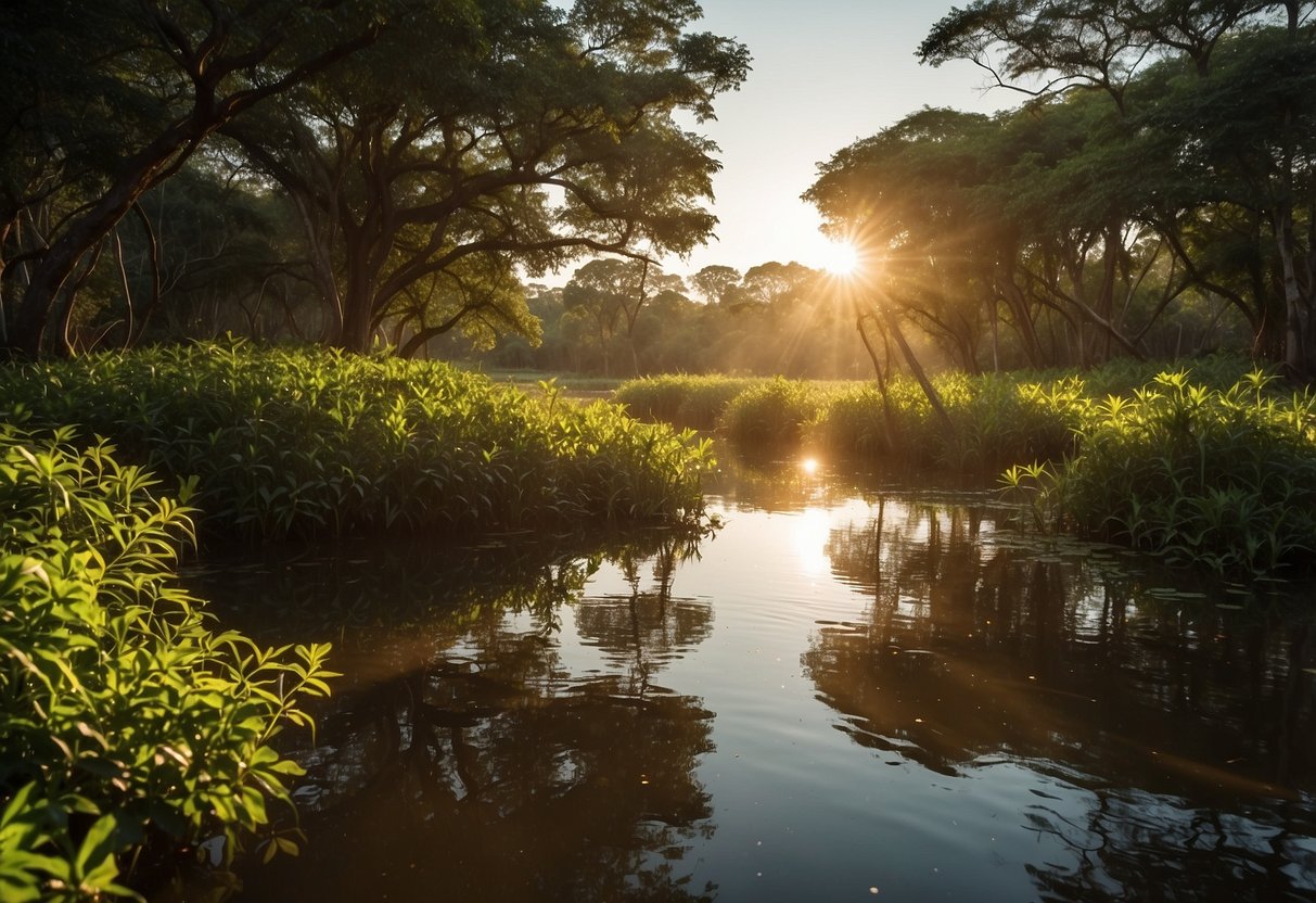 A tranquil river winds through the lush Pantanal Wetlands, with vibrant green foliage and diverse wildlife. The sun casts a warm glow on the water, creating a serene and picturesque scene for paddleboarding