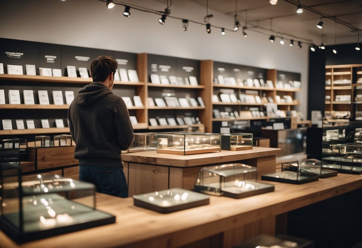 A person comparing prices and quality of furniture in a store