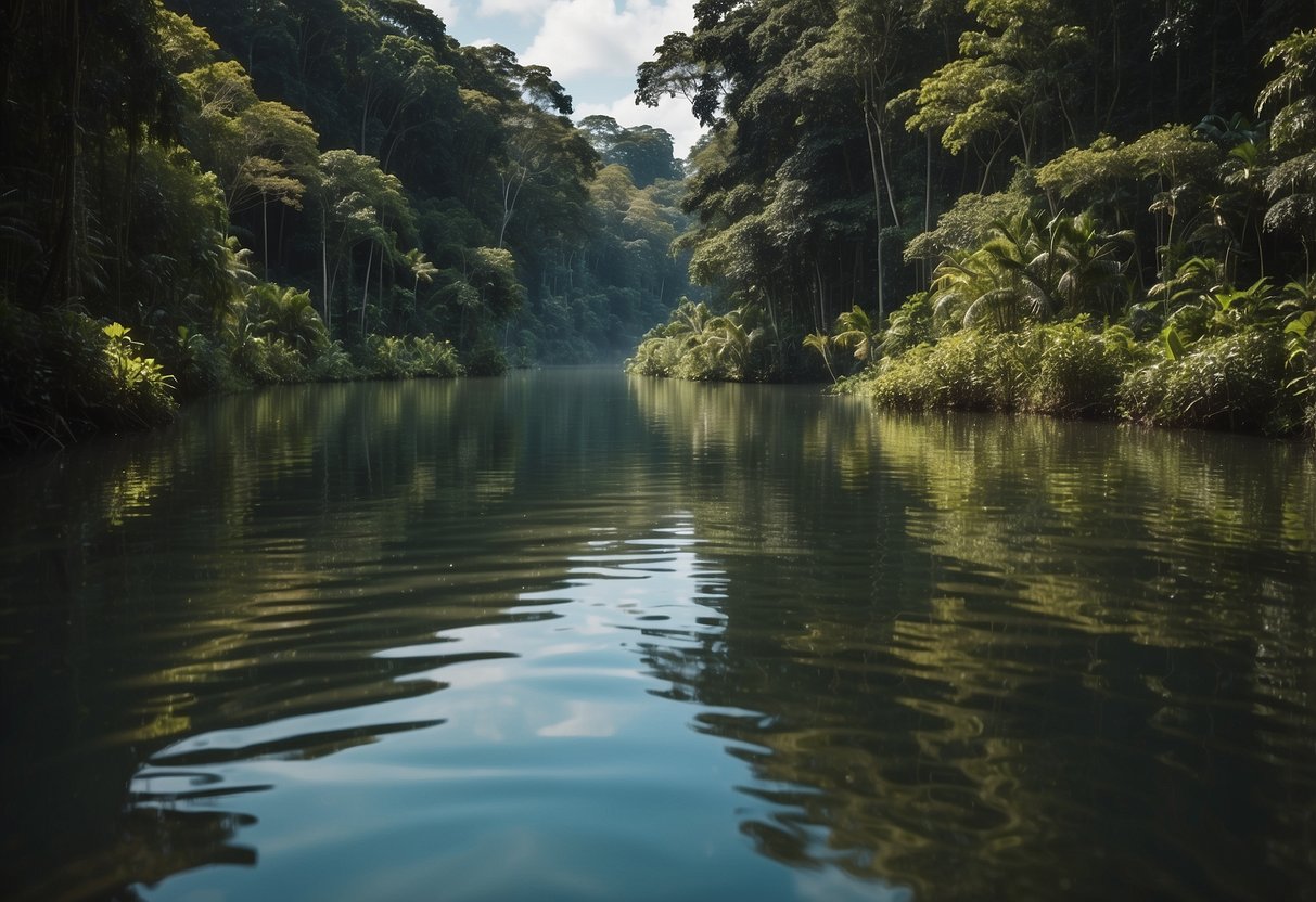 Crystal clear waters reflect the lush greenery of the Amazon rainforest. A paddleboard glides along the tranquil river, surrounded by diverse wildlife and vibrant flora