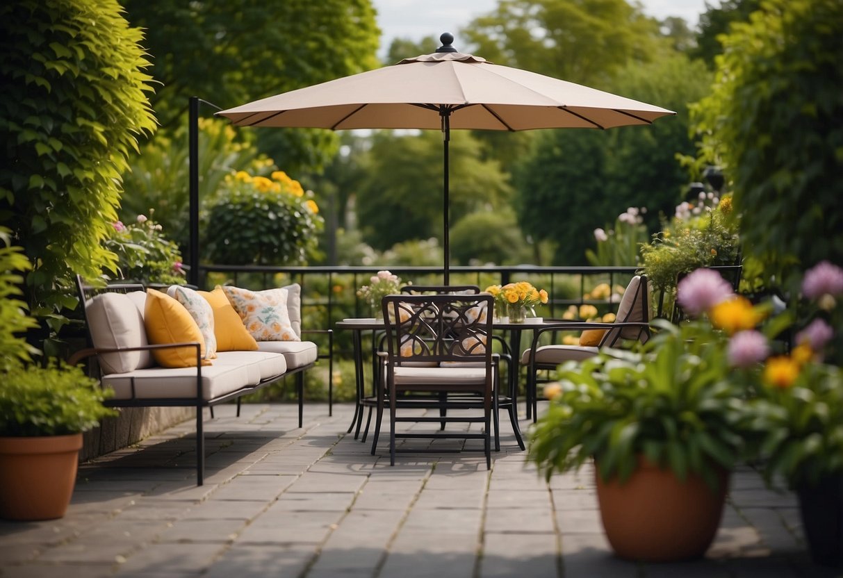 A metal garden furniture set surrounded by lush greenery and colorful flowers, with a pergola or umbrella providing shade overhead
