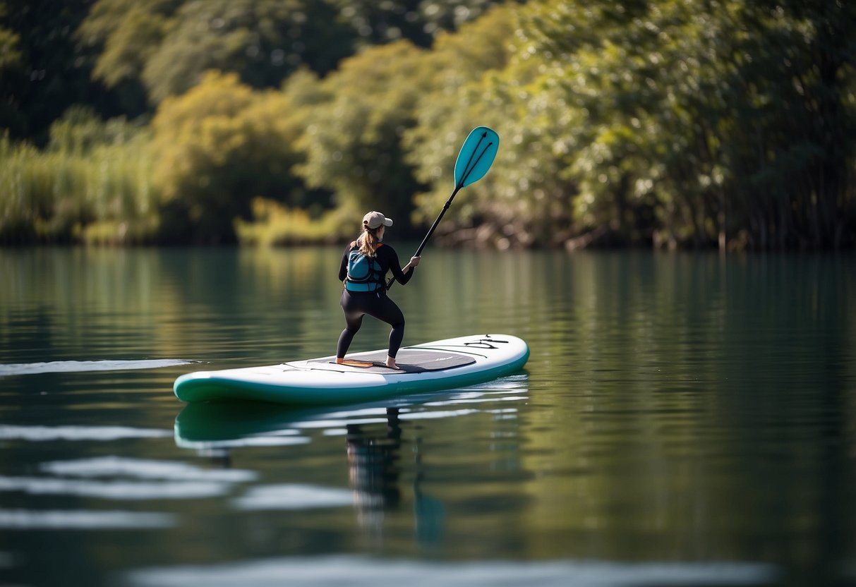 A paddleboard floats on calm water as a variety of wildlife, including birds, fish, and turtles, can be seen in the surrounding natural environment