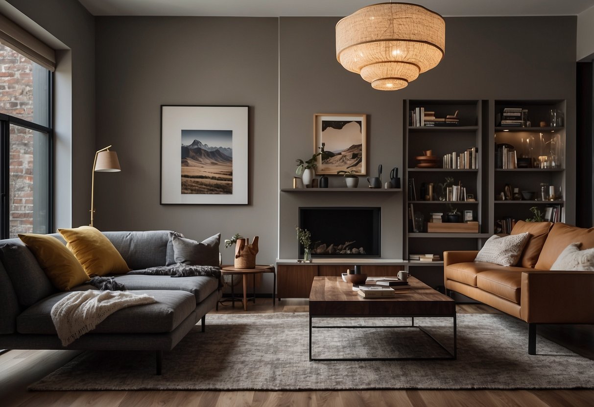 A living room with a sofa, coffee table, and bookshelf. A lamp illuminates the space, while a rug ties the room together