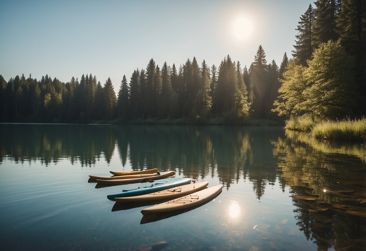 A calm lake with paddleboards floating on the water. Wildlife such as ducks and fish are present, but no one is feeding them. The scene is peaceful and serene, with the focus on the natural beauty of the surroundings