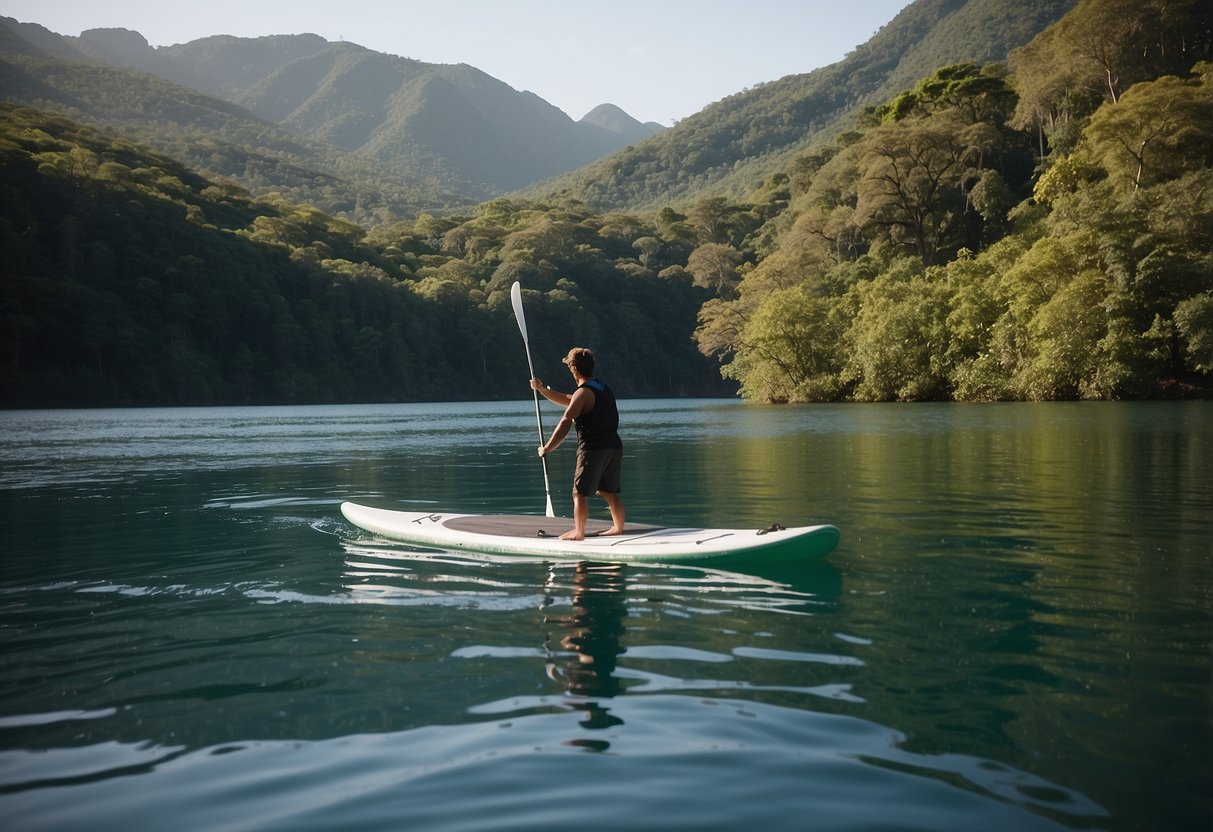 A paddleboarder floats on calm water, surrounded by lush greenery. A variety of wildlife, such as birds, fish, and possibly a turtle or otter, can be seen in the distance