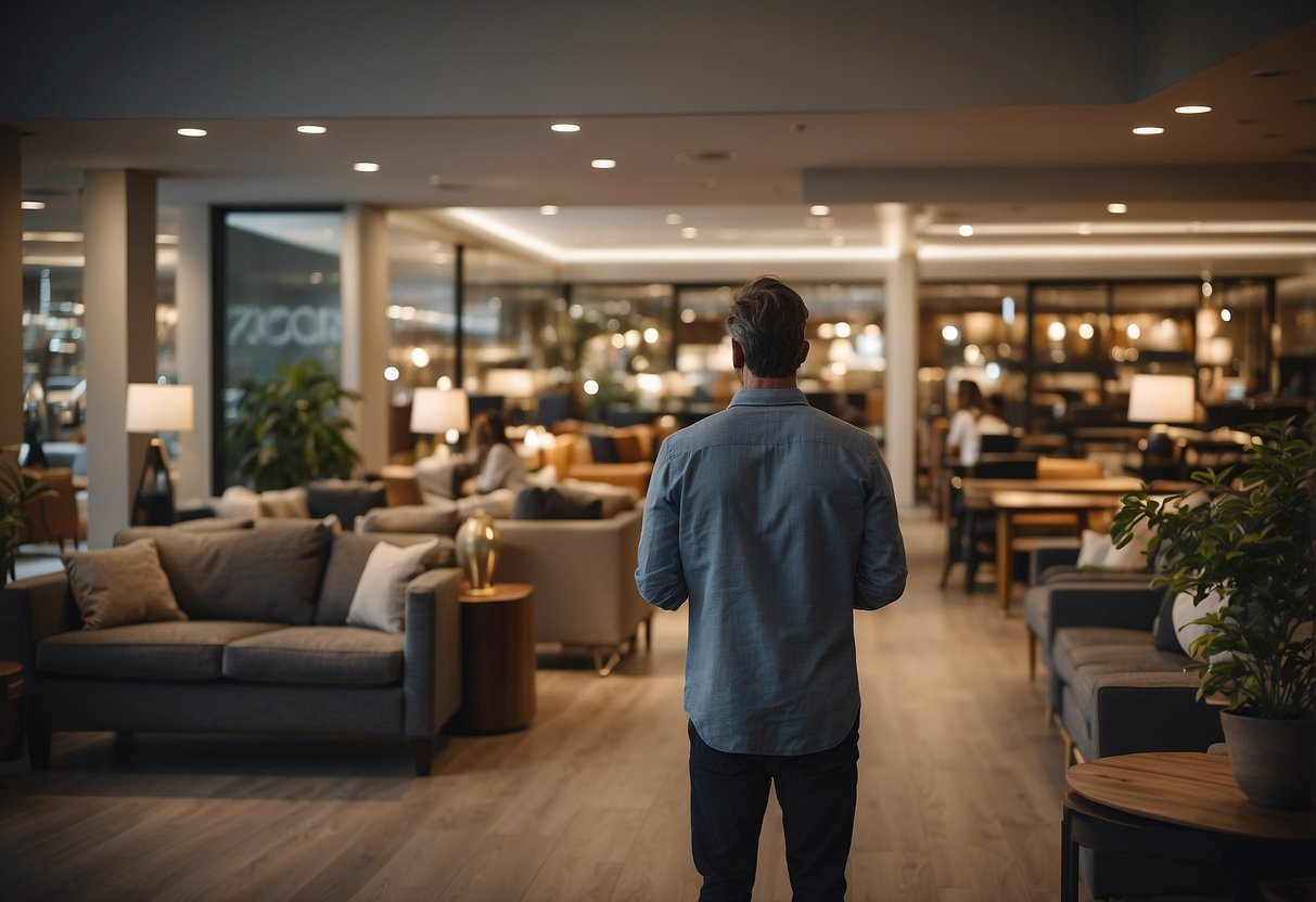 A customer browsing through a selection of furniture with a "Frequently Asked Questions" sign displayed prominently