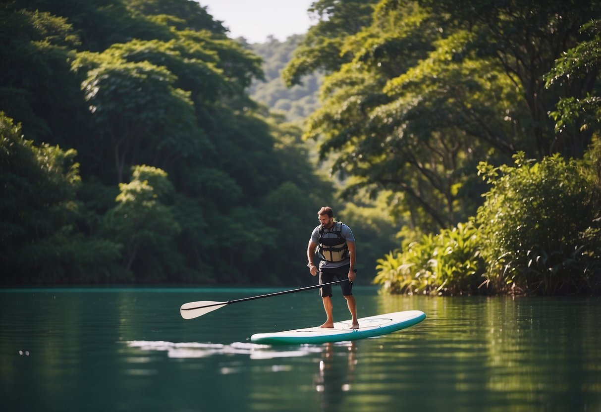 A paddleboard floats on calm water, surrounded by lush greenery. A variety of wildlife, such as birds, fish, and turtles, can be seen in the surrounding environment