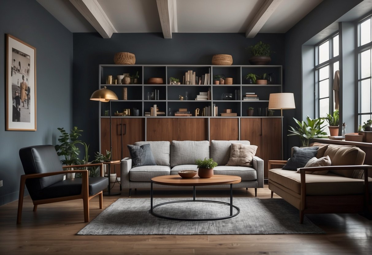 A room with a mix of furniture styles and materials, including a modern sofa, a vintage wooden table, and a metal industrial chair