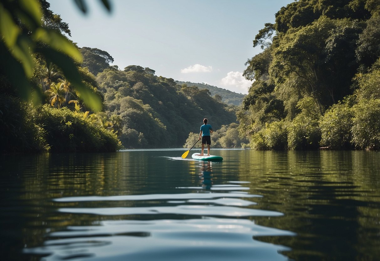 A paddleboarder navigates through calm waters, surrounded by lush greenery and wildlife. A serene scene with birds flying overhead and fish swimming beneath the surface