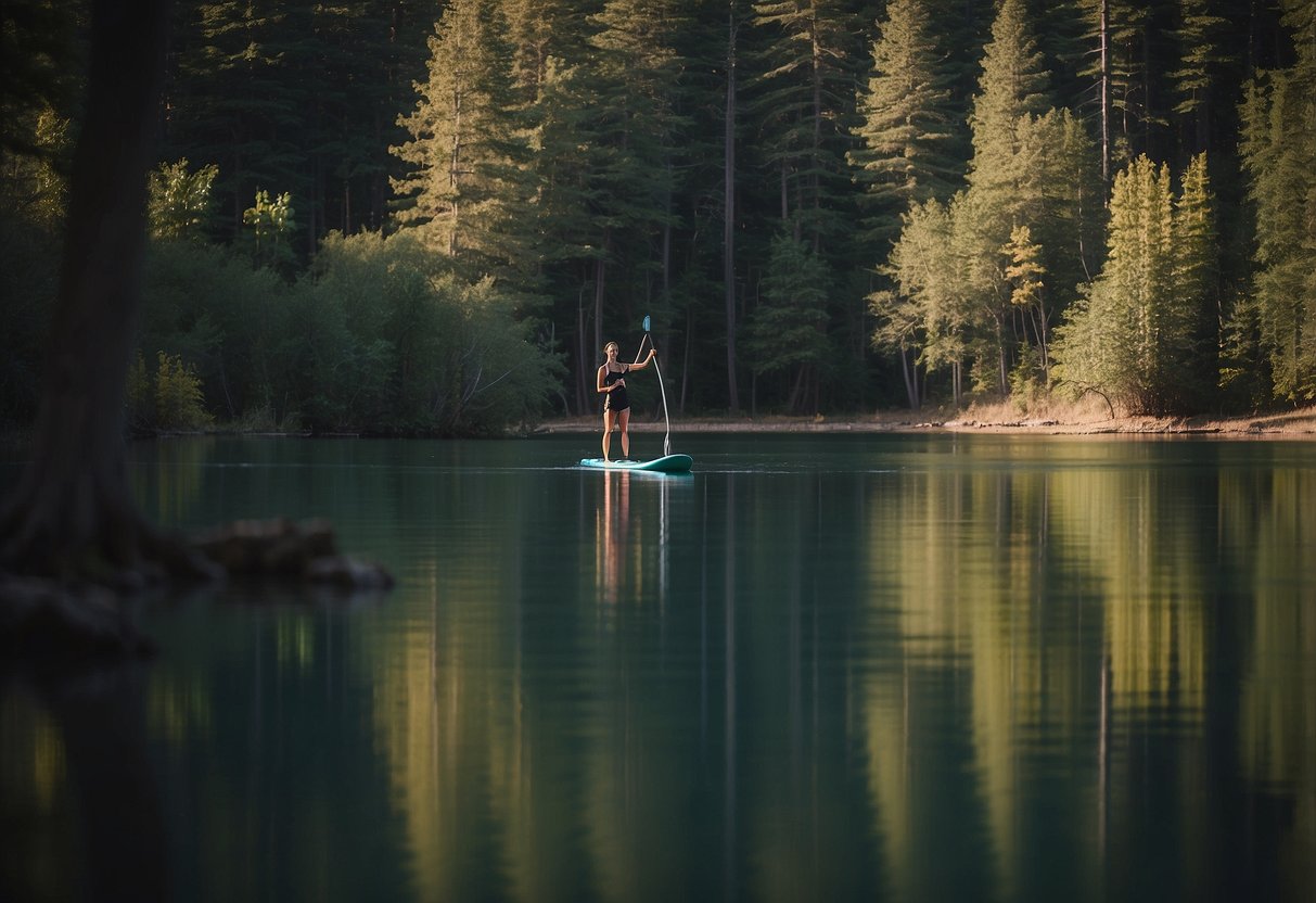 Paddleboard on calm water, surrounded by trees. Spot a deer drinking at the water's edge. Birds fly overhead. Stay quiet and observe