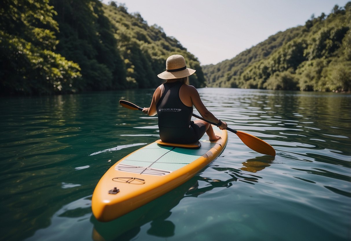 A paddleboard floats on calm water, surrounded by lush greenery. A variety of wildlife, such as birds, fish, and turtles, can be seen in the distance, creating a peaceful and serene atmosphere