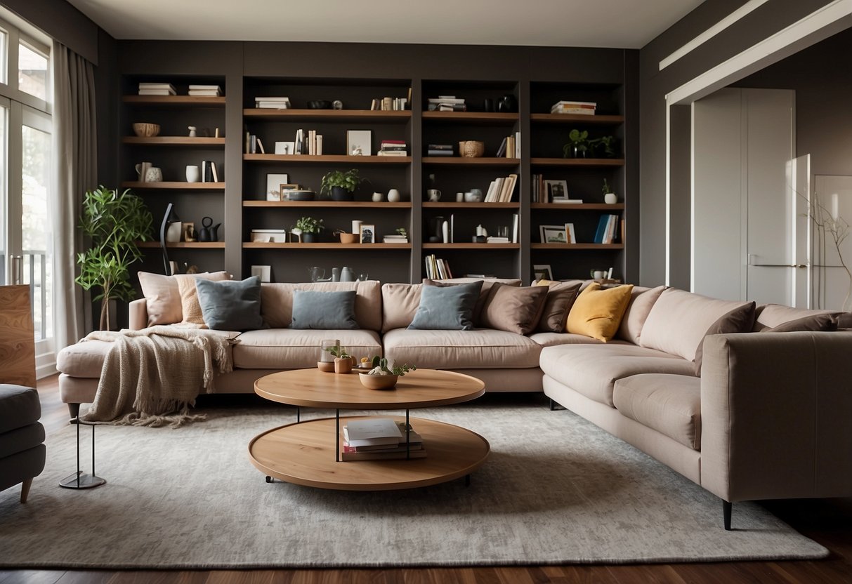 A living room with a sofa, coffee table, and bookshelves. Considerations for comfort, durability, and aesthetics evident in the furniture design