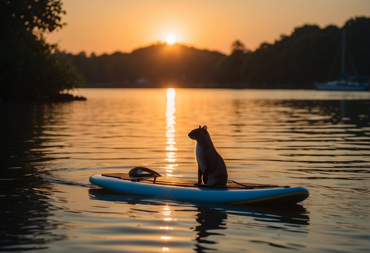 A paddleboard floats on calm water as a curious otter pops its head up to investigate. Birds soar overhead, and a fish jumps out of the water. The sun sets in the distance, casting a warm glow on the scene