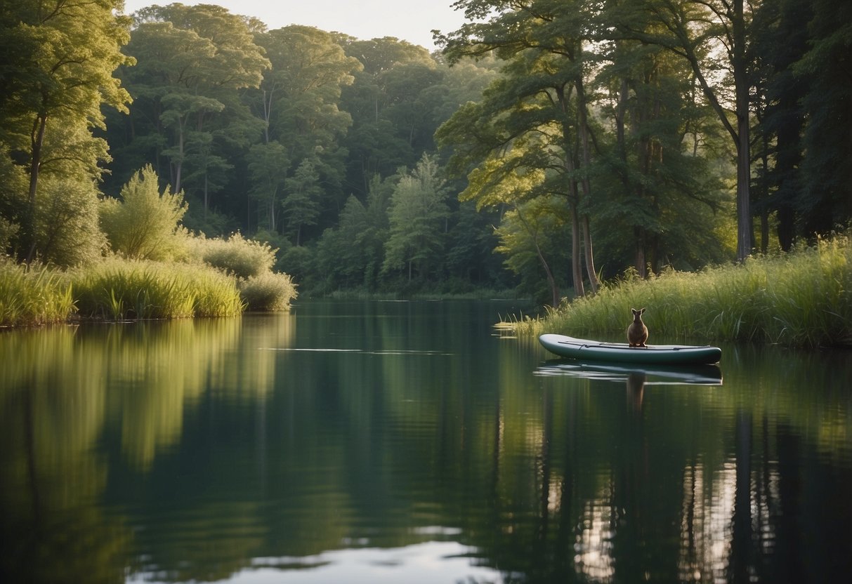 A serene lake with lush greenery surrounding it, a paddleboard gliding through the calm water. A family of ducks swim alongside, while a deer peacefully drinks from the shore