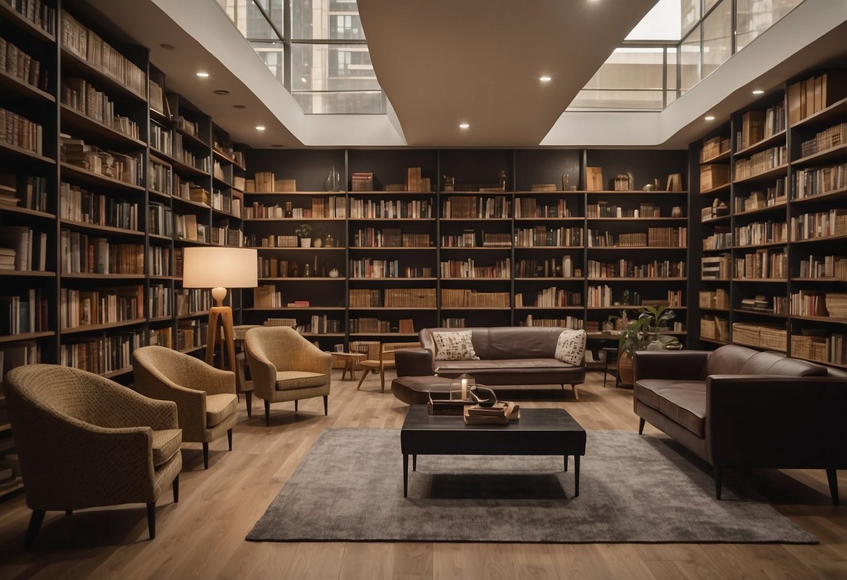 Various furniture pieces arranged in a room, including chairs, tables, and shelves. A person could be seen reaching for a book on a shelf