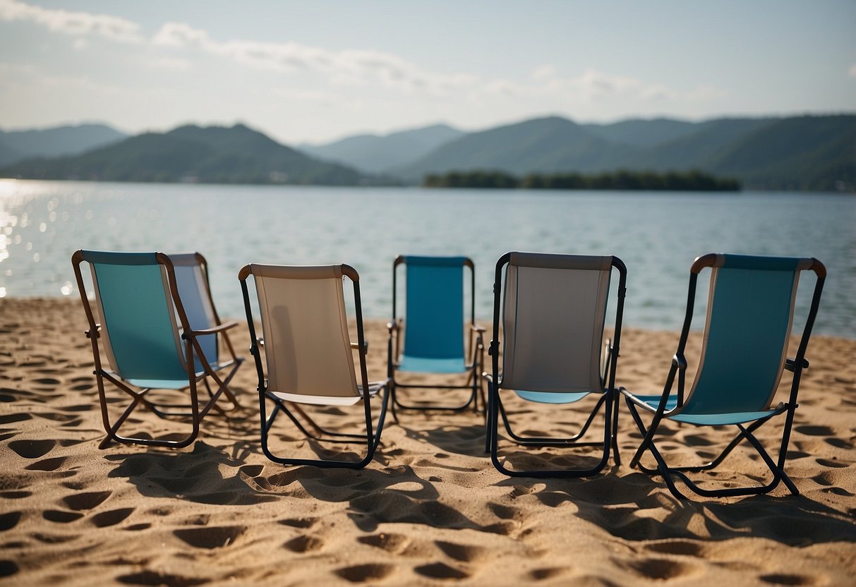 Five modern, foldable chairs on a sandy beach, overlooking calm waters. Each chair is lightweight, with a sturdy frame and comfortable seating, perfect for paddleboarding enthusiasts to relax and enjoy the view