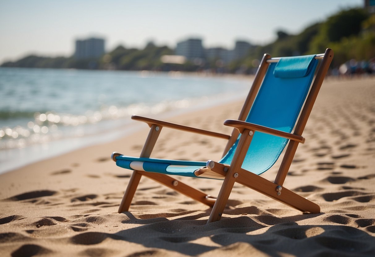 A lightweight paddleboarding chair sits on a sandy beach, with calm waters and a clear blue sky in the background