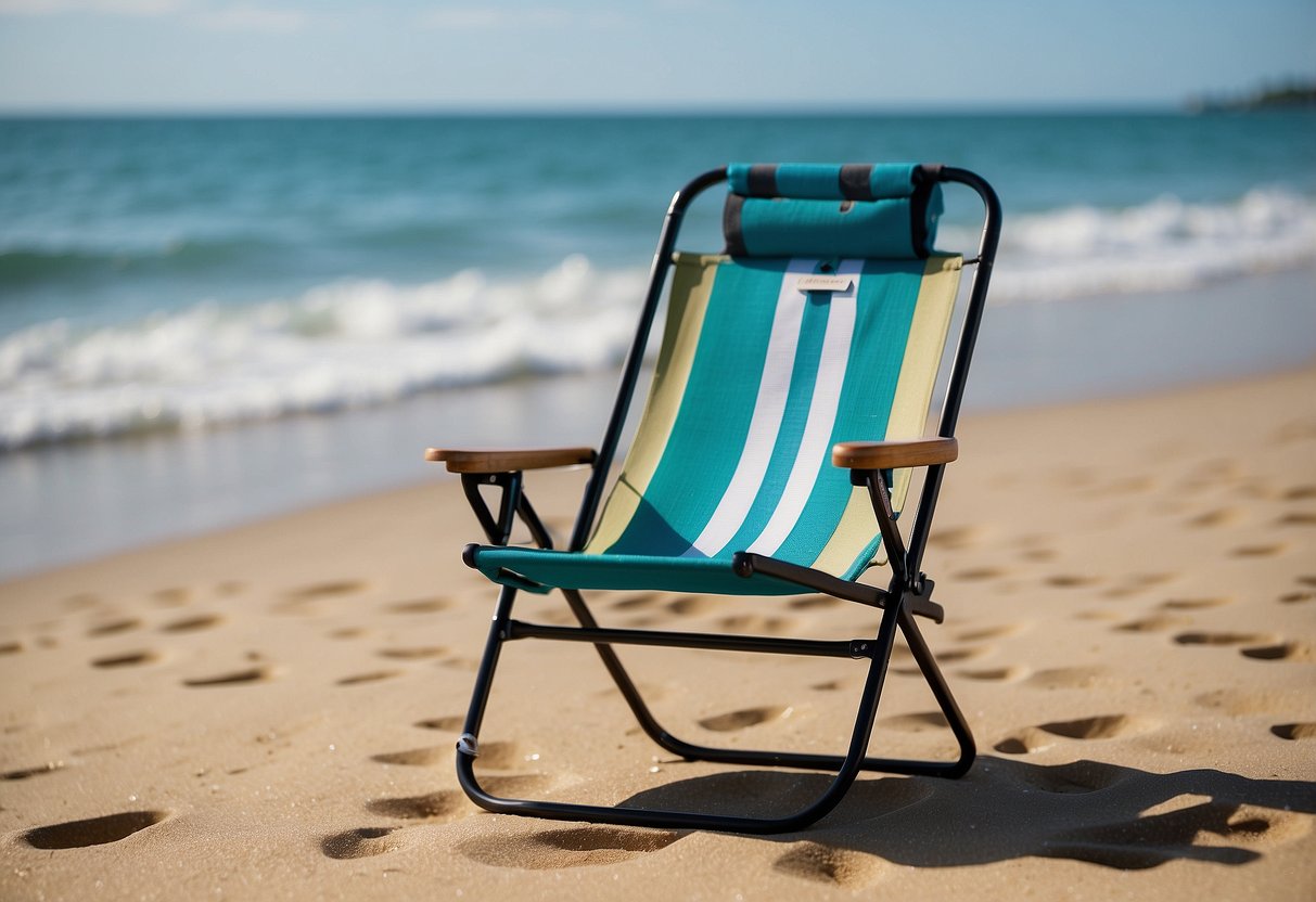 A portable chair sits on a sandy beach, with a paddleboard and calm ocean in the background. The chair is lightweight and compact, perfect for outdoor activities